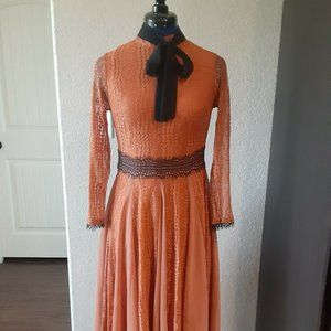 HJW Huang Jin Wu Orange A-line Dress with Black Bow, Lace Details US XS or S